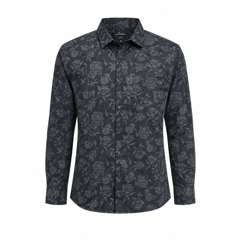 Marc Anthony Mens Large Slim Fit Black Gray Floral Stretch Long Sleeve Shirt